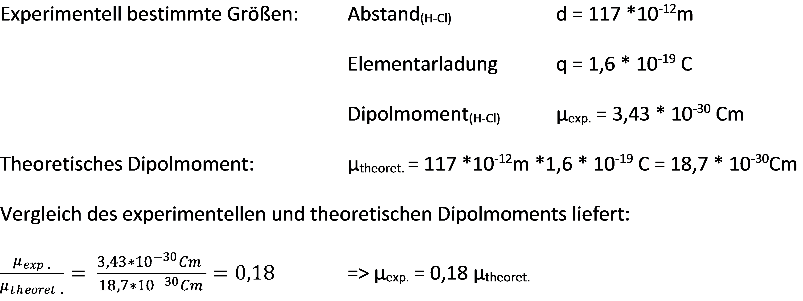 Abbildung Berechnung des ionischen Bindungsanteil von HCl mithilfe des Dipolmoments